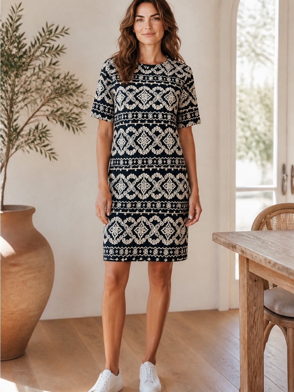 R&K Black Ivory Geometric Print Sheath Dress Size 14